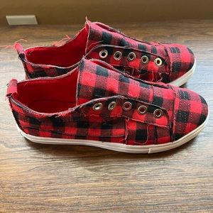 Sneakers (no laces) red/black check, worn only a couple times, good condition